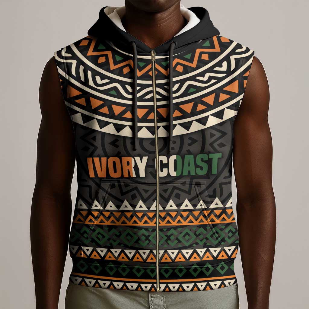 Ivory Coast African Pattern Sleeveless Zip Hoodie Ethnic Geometric and National Motto - African Pride