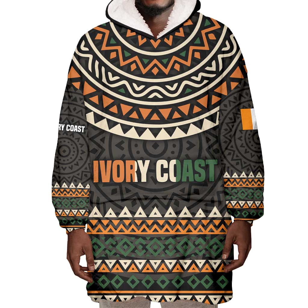 Ivory Coast African Pattern Wearable Blanket Hoodie Ethnic Geometric and National Motto - African Pride