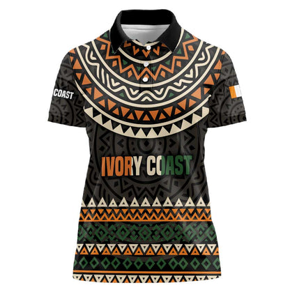 Ivory Coast African Pattern Women Polo Shirt Ethnic Geometric and National Motto - African Pride