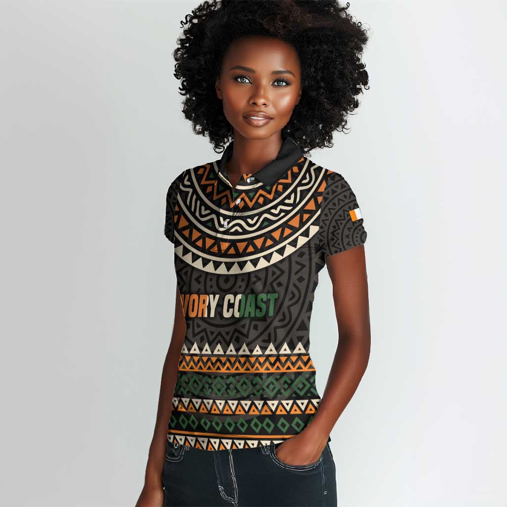 Ivory Coast African Pattern Women Polo Shirt Ethnic Geometric and National Motto - African Pride