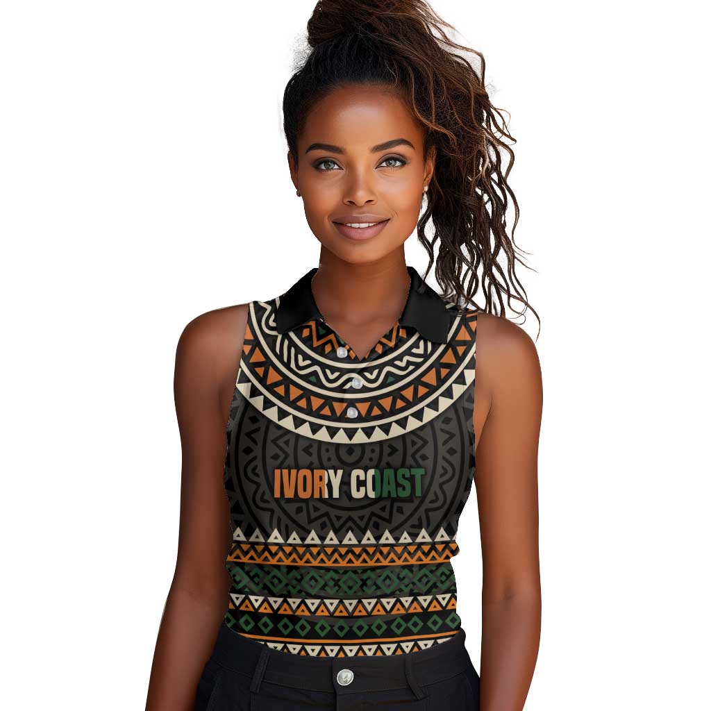 Ivory Coast African Pattern Women Sleeveless Polo Shirt Ethnic Geometric and National Motto - African Pride