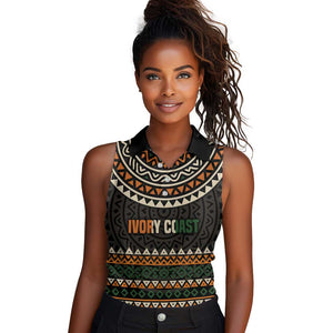 Ivory Coast African Pattern Women Sleeveless Polo Shirt Ethnic Geometric and National Motto - African Pride