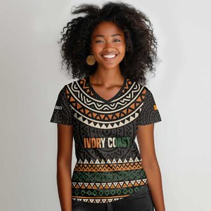 Ivory Coast African Pattern Women V-Neck T-Shirt Ethnic Geometric and National Motto - African Pride