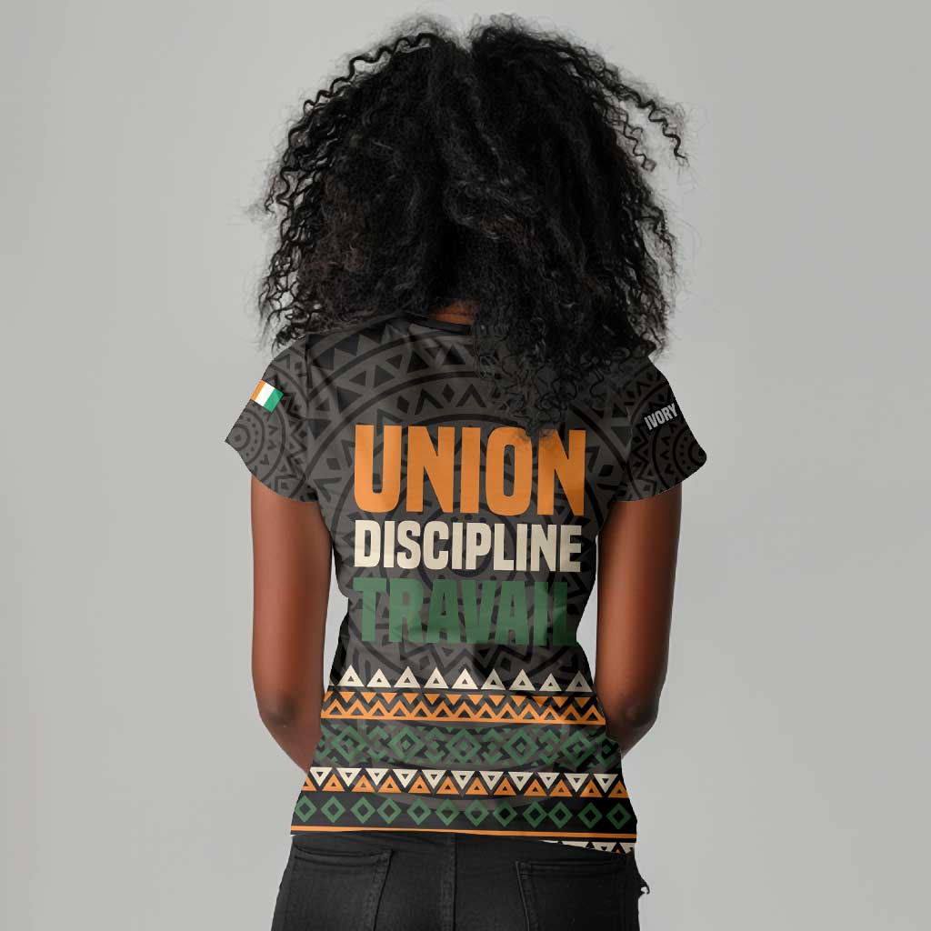 Ivory Coast African Pattern Women V-Neck T-Shirt Ethnic Geometric and National Motto - African Pride