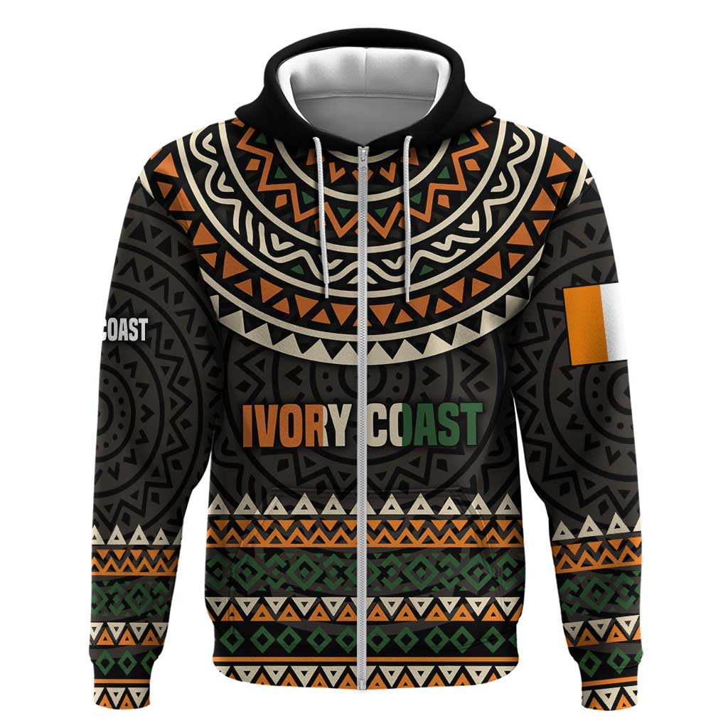 Ivory Coast African Pattern Zip Hoodie Ethnic Geometric and National Motto - African Pride