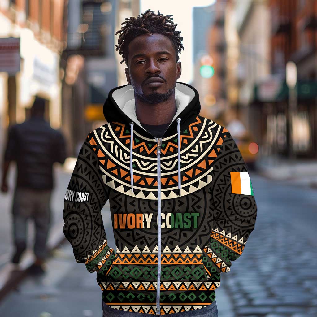 Ivory Coast African Pattern Zip Hoodie Ethnic Geometric and National Motto - African Pride