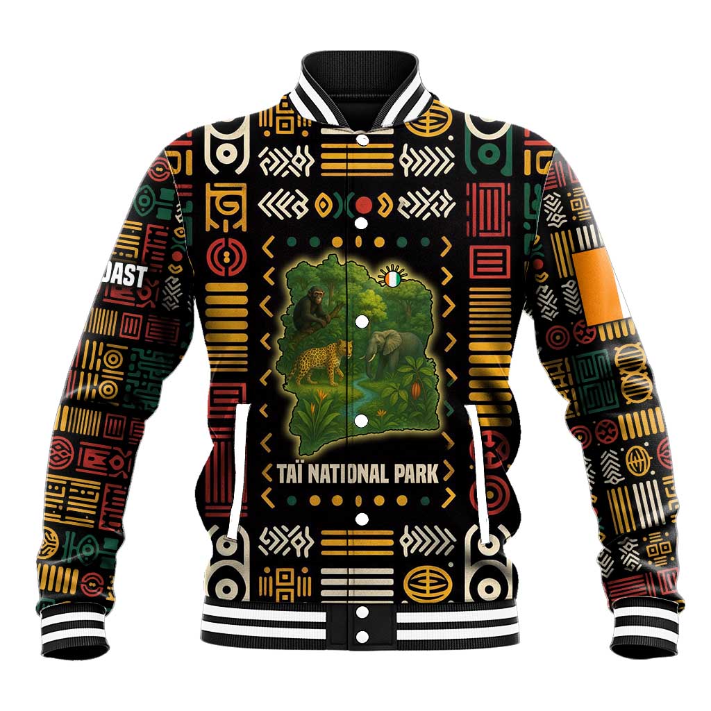 Ivory Coast Baseball Jacket Tai National Park Wildlife Map - African Pride