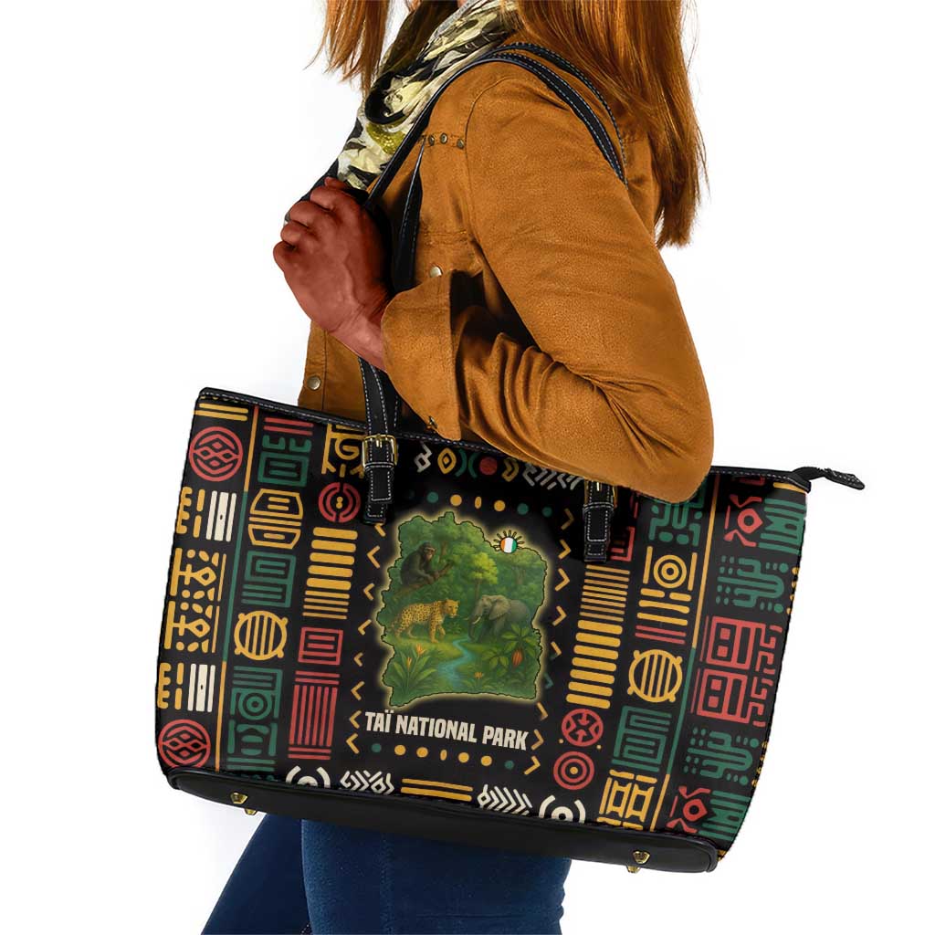 Ivory Coast Leather Tote Bag Tai National Park Wildlife Map - African Pride