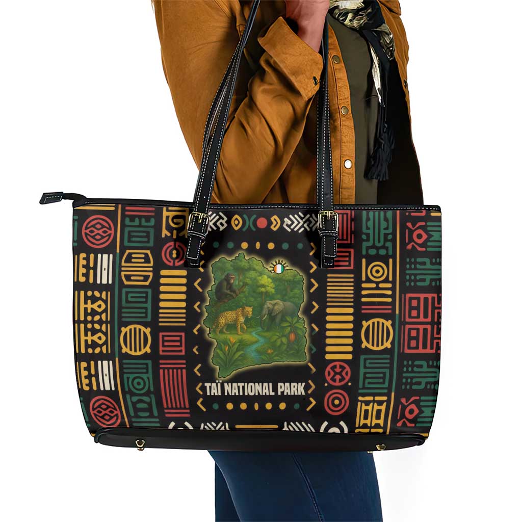 Ivory Coast Leather Tote Bag Tai National Park Wildlife Map - African Pride