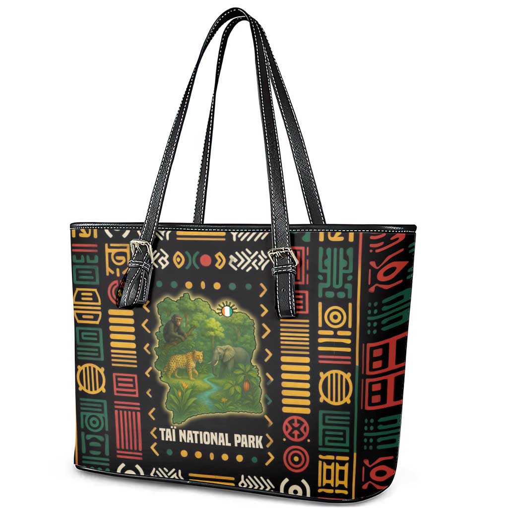Ivory Coast Leather Tote Bag Tai National Park Wildlife Map - African Pride