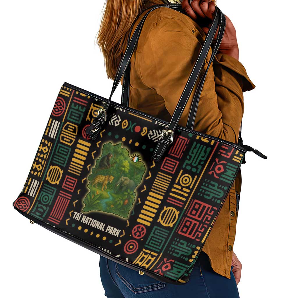 Ivory Coast Leather Tote Bag Tai National Park Wildlife Map - African Pride