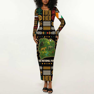 Ivory Coast Long Sleeve Bodycon Dress Tai National Park Wildlife Map - African Pride