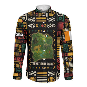 Ivory Coast Long Sleeve Button Shirt Tai National Park Wildlife Map - African Pride