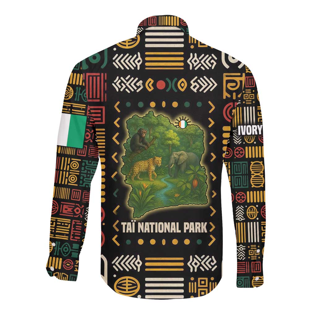 Ivory Coast Long Sleeve Button Shirt Tai National Park Wildlife Map - African Pride