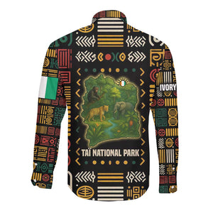 Ivory Coast Long Sleeve Button Shirt Tai National Park Wildlife Map - African Pride