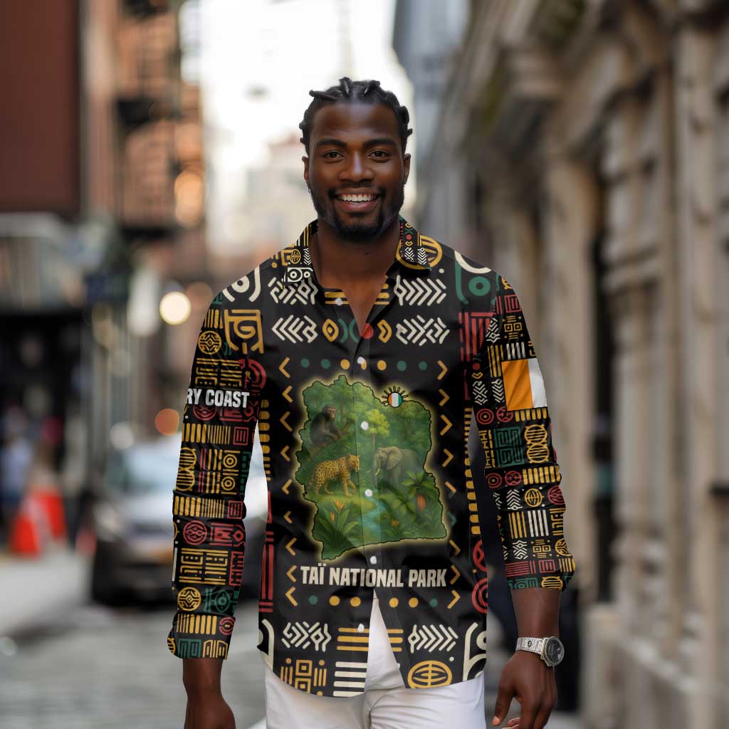 Ivory Coast Long Sleeve Button Shirt Tai National Park Wildlife Map - African Pride