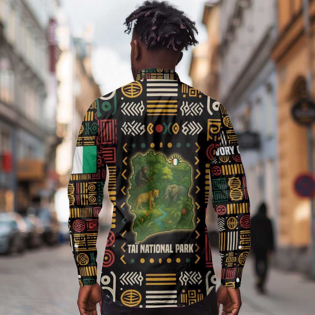Ivory Coast Long Sleeve Button Shirt Tai National Park Wildlife Map - African Pride