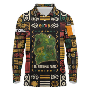 Ivory Coast Long Sleeve Polo Shirt Tai National Park Wildlife Map - African Pride
