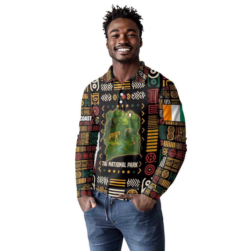 Ivory Coast Long Sleeve Polo Shirt Tai National Park Wildlife Map - African Pride