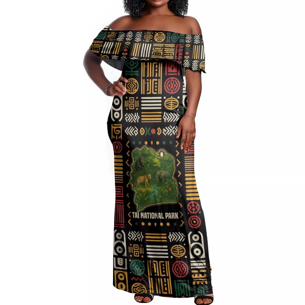 Ivory Coast Off Shoulder Maxi Dress Tai National Park Wildlife Map - African Pride