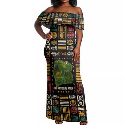 Ivory Coast Off Shoulder Maxi Dress Tai National Park Wildlife Map - African Pride
