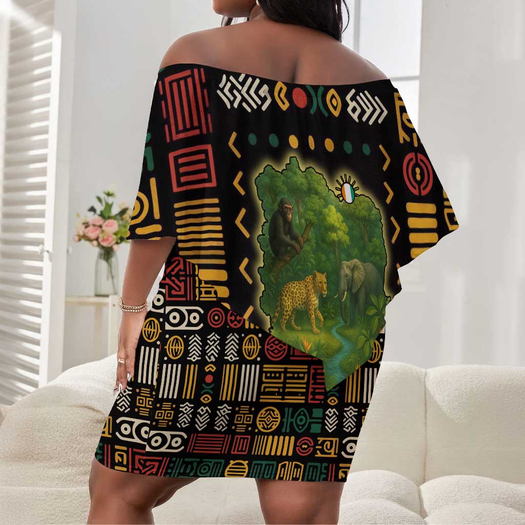 Ivory Coast Off Shoulder Short Dress Tai National Park Wildlife Map - African Pride