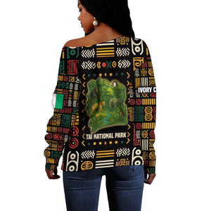 Ivory Coast Off Shoulder Sweater Tai National Park Wildlife Map - African Pride