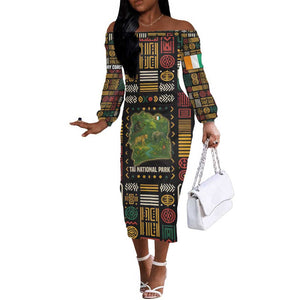 Ivory Coast Off The Shoulder Long Sleeve Dress Tai National Park Wildlife Map - African Pride