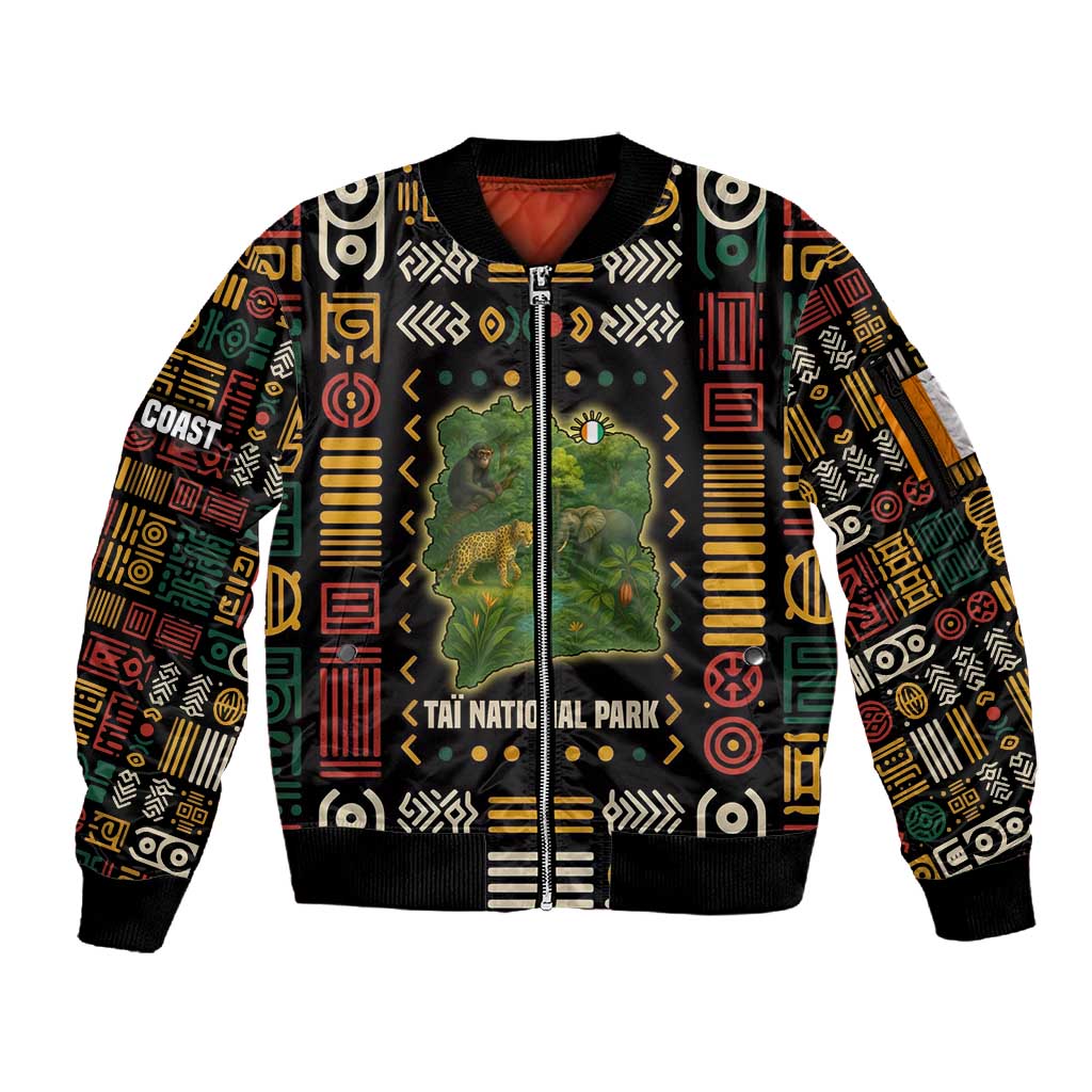 Ivory Coast Sleeve Zip Bomber Jacket Tai National Park Wildlife Map - African Pride