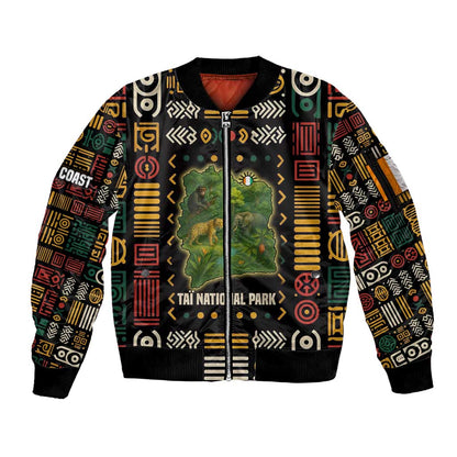 Ivory Coast Sleeve Zip Bomber Jacket Tai National Park Wildlife Map - African Pride