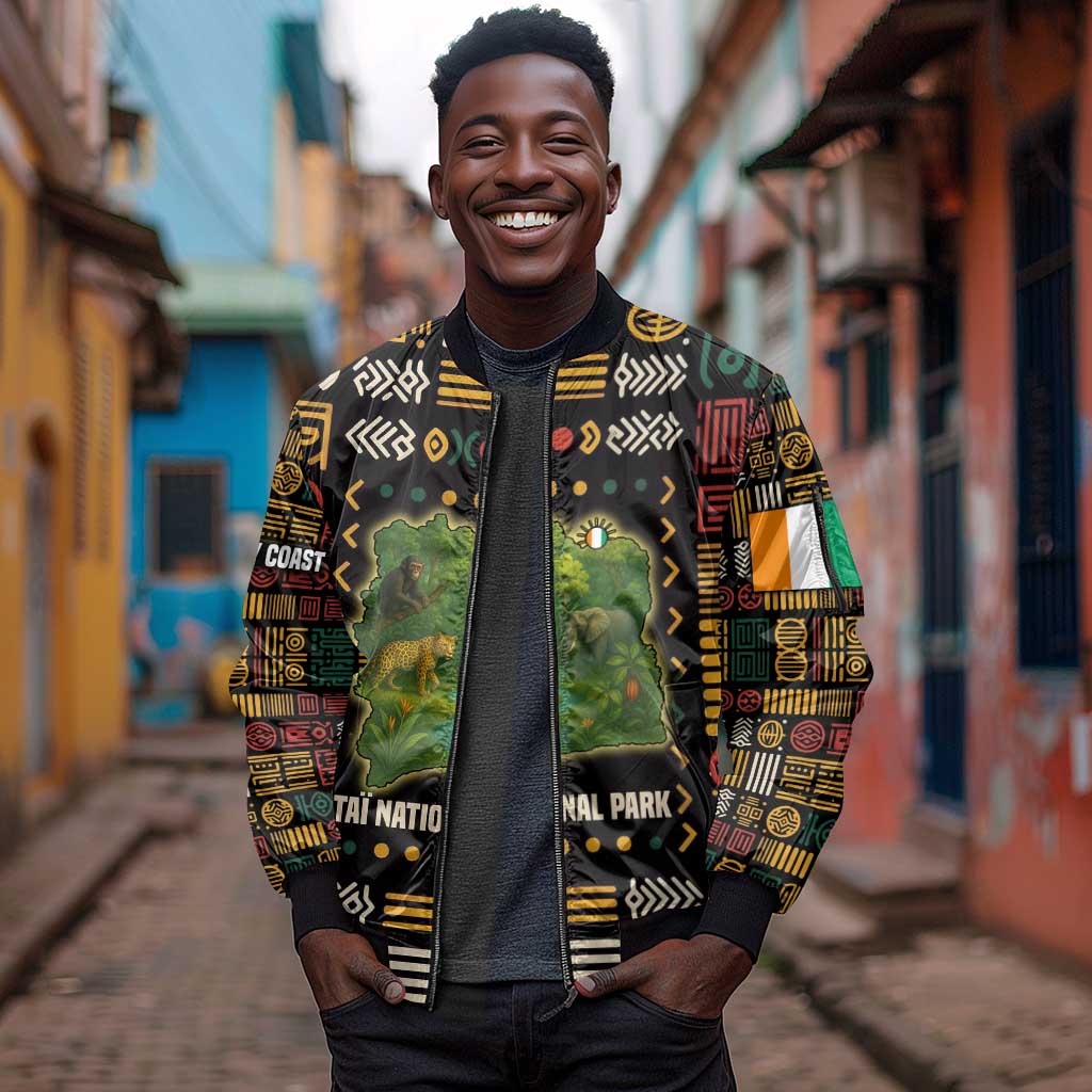 Ivory Coast Sleeve Zip Bomber Jacket Tai National Park Wildlife Map - African Pride