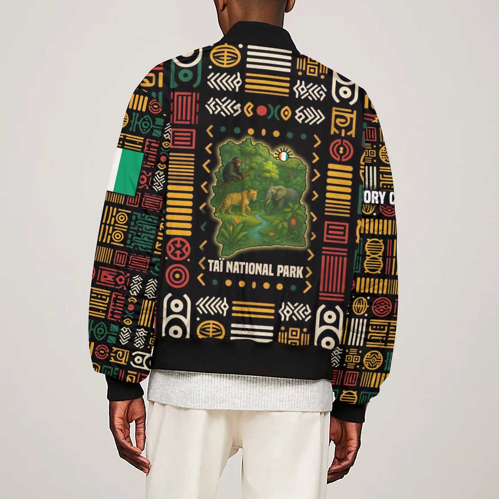 Ivory Coast Sleeve Zip Bomber Jacket Tai National Park Wildlife Map - African Pride