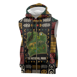 Ivory Coast Sleeveless Zip Hoodie Tai National Park Wildlife Map - African Pride