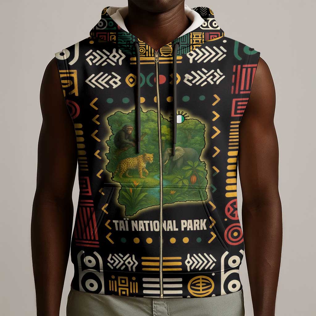 Ivory Coast Sleeveless Zip Hoodie Tai National Park Wildlife Map - African Pride