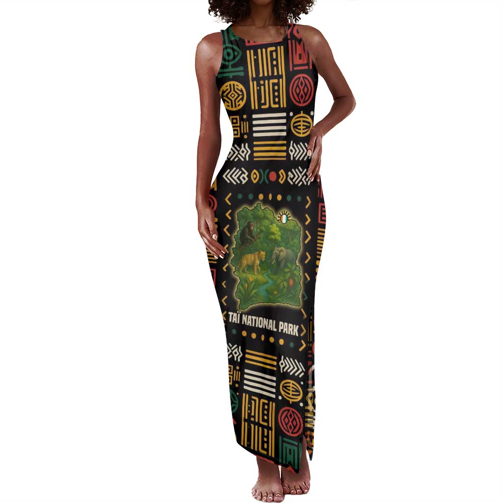 Ivory Coast Tank Maxi Dress Tai National Park Wildlife Map - African Pride