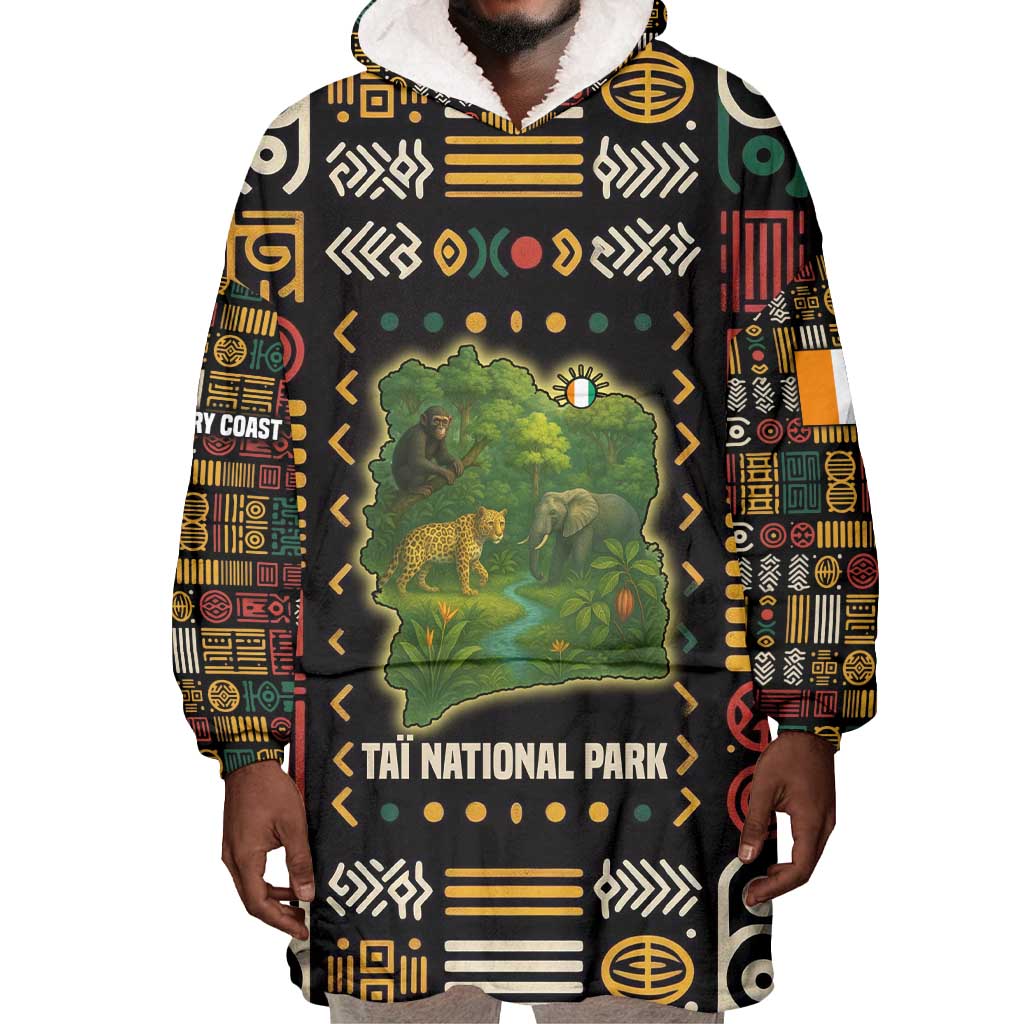 Ivory Coast Wearable Blanket Hoodie Tai National Park Wildlife Map - African Pride