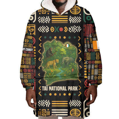 Ivory Coast Wearable Blanket Hoodie Tai National Park Wildlife Map - African Pride