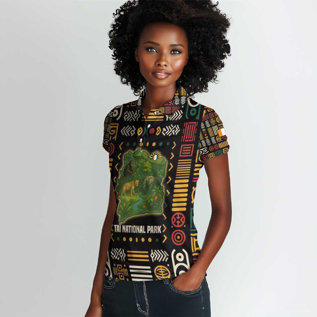Ivory Coast Women Polo Shirt Tai National Park Wildlife Map - African Pride