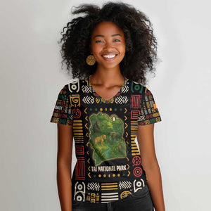 Ivory Coast Women V-Neck T-Shirt Tai National Park Wildlife Map - African Pride