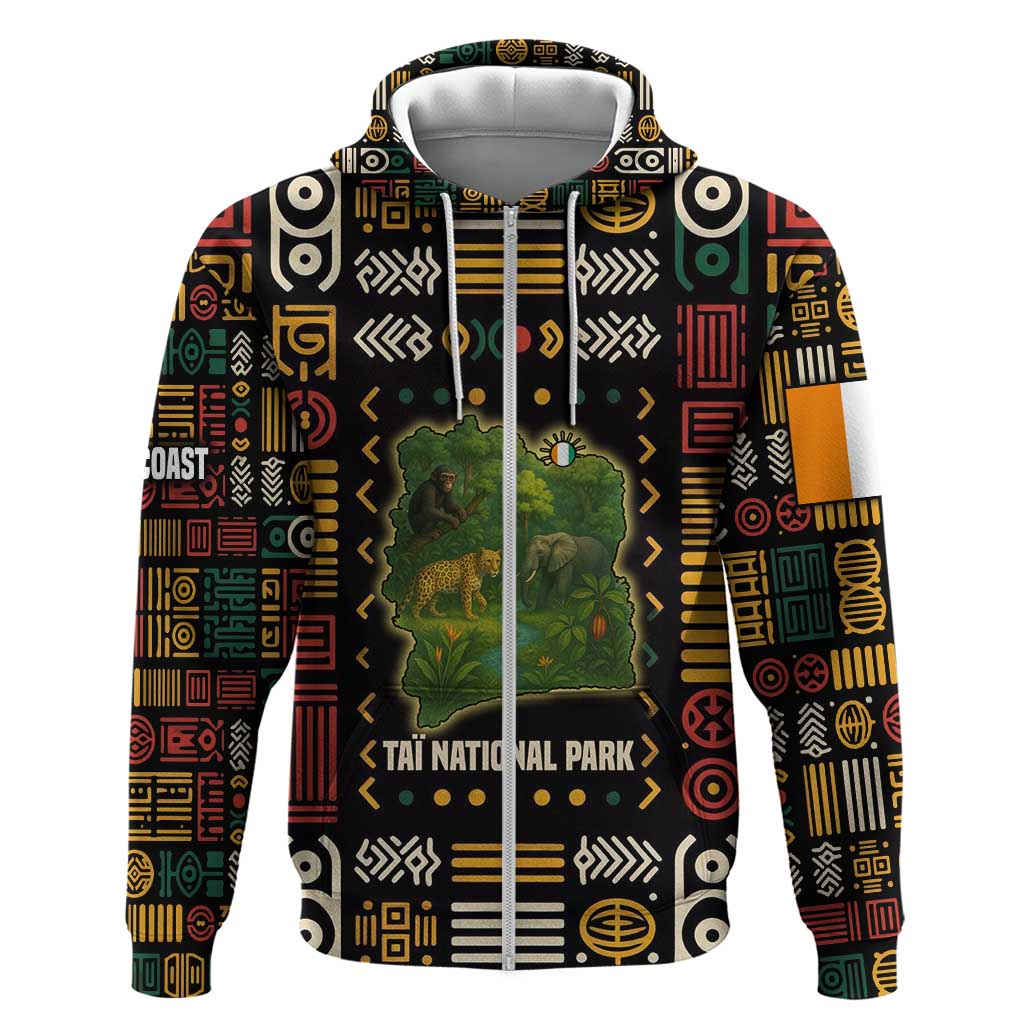 Ivory Coast Zip Hoodie Tai National Park Wildlife Map - African Pride