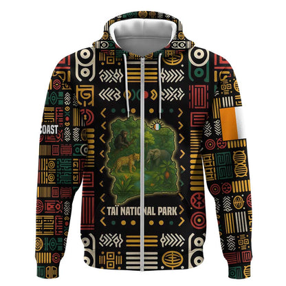 Ivory Coast Zip Hoodie Tai National Park Wildlife Map - African Pride