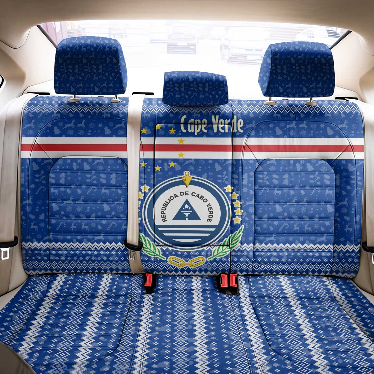 Cape Verde Christmas Back Car Seat Cover Blue Festive Pattern Sailing Santa and National Emblem Motif - African Pride