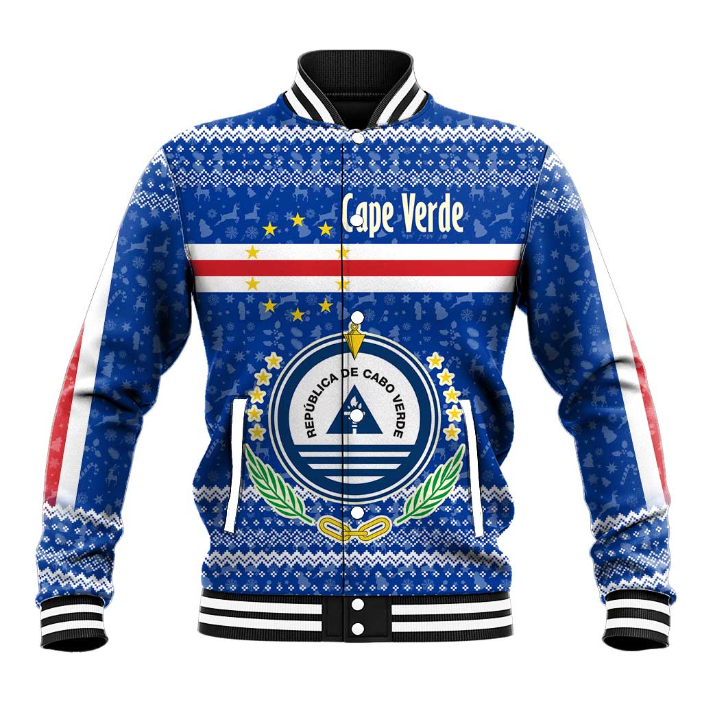 Cape Verde Christmas Baseball Jacket Blue Festive Pattern Sailing Santa and National Emblem Motif - African Pride