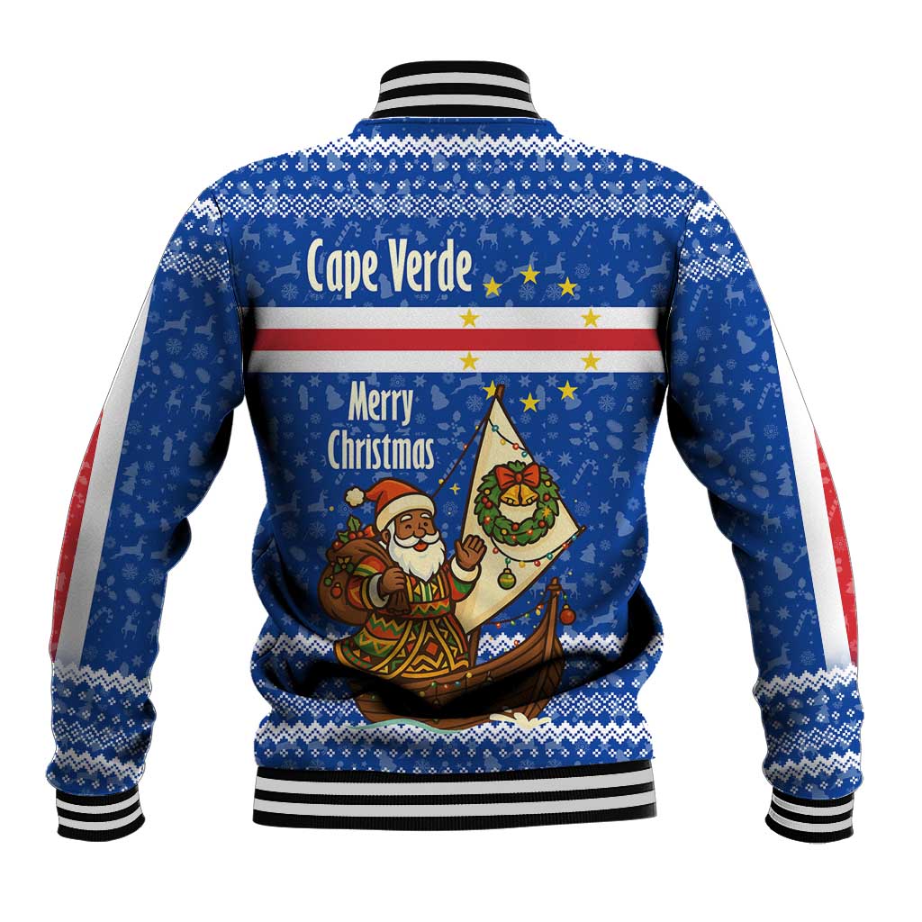 Cape Verde Christmas Baseball Jacket Blue Festive Pattern Sailing Santa and National Emblem Motif - African Pride