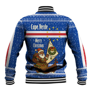 Cape Verde Christmas Baseball Jacket Blue Festive Pattern Sailing Santa and National Emblem Motif - African Pride