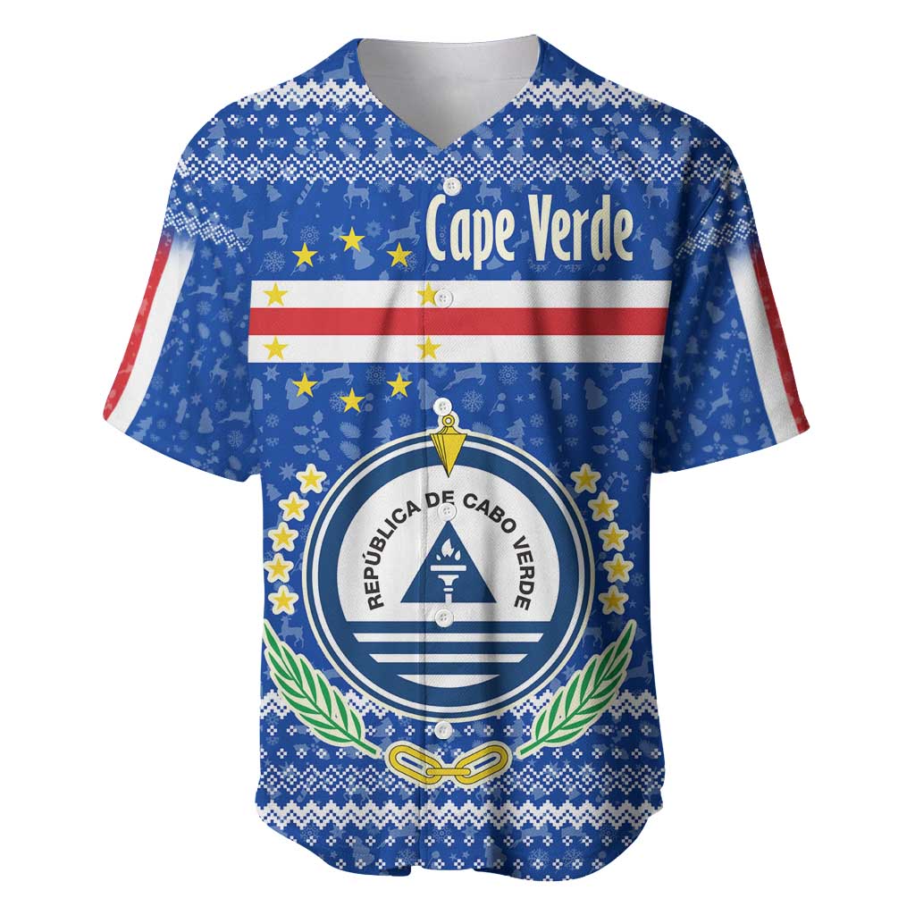 Cape Verde Christmas Baseball Jersey Blue Festive Pattern Sailing Santa and National Emblem Motif - African Pride