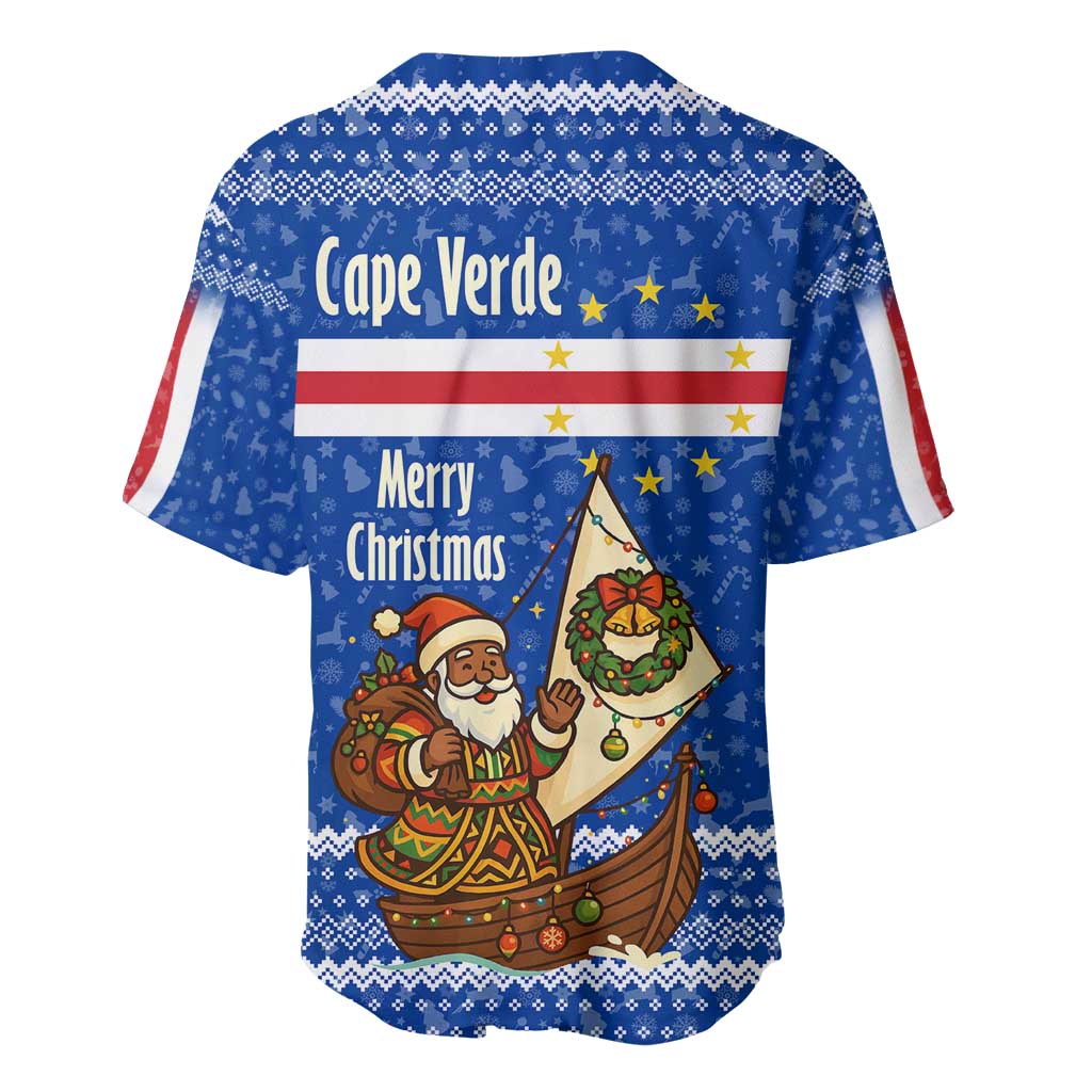 Cape Verde Christmas Baseball Jersey Blue Festive Pattern Sailing Santa and National Emblem Motif - African Pride