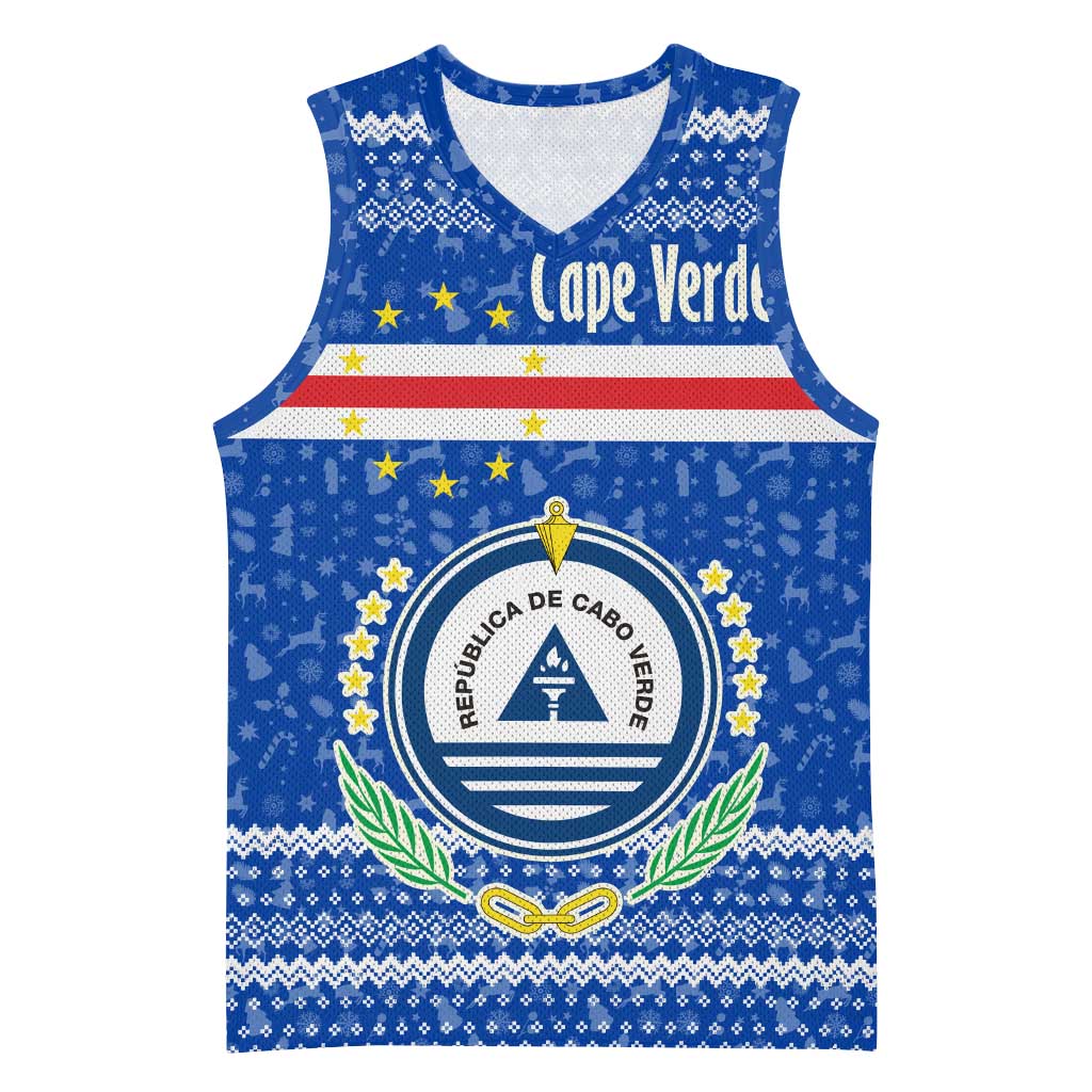 Cape Verde Christmas Basketball Jersey Blue Festive Pattern Sailing Santa and National Emblem Motif - African Pride