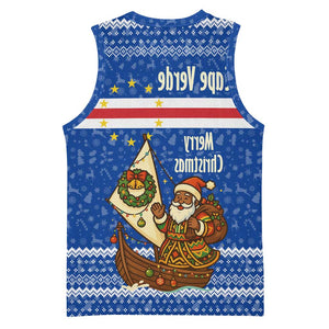 Cape Verde Christmas Basketball Jersey Blue Festive Pattern Sailing Santa and National Emblem Motif - African Pride