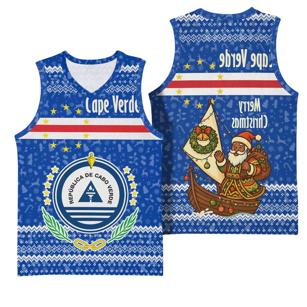 Cape Verde Christmas Basketball Jersey Blue Festive Pattern Sailing Santa and National Emblem Motif - African Pride